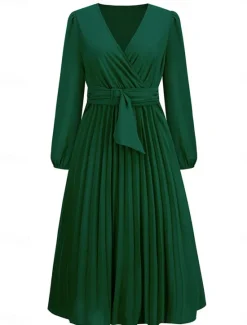 Women's Casual Dress Midi Dress Ruched With Belt Work Elegant V Neck Long Sleeve Black Red Blue Color Women Work Dresses