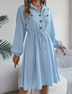 New Women's Casual Dress Midi Dress Buttons Casual Shirt Collar Long Sleeve Wine Blue Khaki Color Women Work Dresses