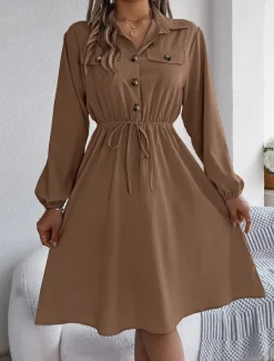 New Women's Casual Dress Midi Dress Buttons Casual Shirt Collar Long Sleeve Wine Blue Khaki Color Women Work Dresses