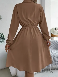 New Women's Casual Dress Midi Dress Buttons Casual Shirt Collar Long Sleeve Wine Blue Khaki Color Women Work Dresses