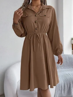 New Women's Casual Dress Midi Dress Buttons Casual Shirt Collar Long Sleeve Wine Blue Khaki Color Women Work Dresses