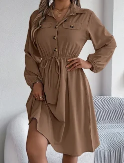 New Women's Casual Dress Midi Dress Buttons Casual Shirt Collar Long Sleeve Wine Blue Khaki Color Women Work Dresses