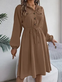 New Women's Casual Dress Midi Dress Buttons Casual Shirt Collar Long Sleeve Wine Blue Khaki Color Women Work Dresses