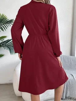 New Women's Casual Dress Midi Dress Buttons Casual Shirt Collar Long Sleeve Wine Blue Khaki Color Women Work Dresses