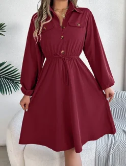New Women's Casual Dress Midi Dress Buttons Casual Shirt Collar Long Sleeve Wine Blue Khaki Color Women Work Dresses