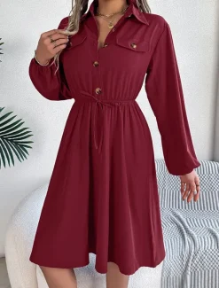 New Women's Casual Dress Midi Dress Buttons Casual Shirt Collar Long Sleeve Wine Blue Khaki Color Women Work Dresses