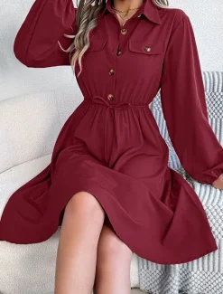 New Women's Casual Dress Midi Dress Buttons Casual Shirt Collar Long Sleeve Wine Blue Khaki Color Women Work Dresses