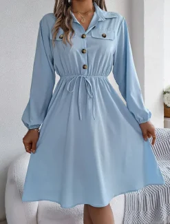 New Women's Casual Dress Midi Dress Buttons Casual Shirt Collar Long Sleeve Wine Blue Khaki Color Women Work Dresses