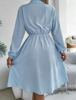 New Women's Casual Dress Midi Dress Buttons Casual Shirt Collar Long Sleeve Wine Blue Khaki Color Women Work Dresses