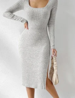 Best Women's Casual Dress Midi Dress Split Date Vacation Streetwear Casual Square Neck Long Sleeve Black Light Grey Color Women T Shirt Dresses