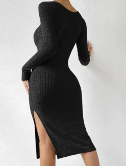 Best Women's Casual Dress Midi Dress Split Date Vacation Streetwear Casual Square Neck Long Sleeve Black Light Grey Color Women T Shirt Dresses