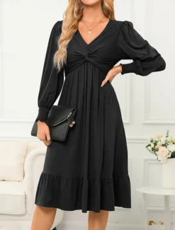 New Women's Casual Dress Midi Dress Ruffle Pocket Casual V Neck Long Sleeve Black Blue Fuchsia Color Women Cocktail Dress