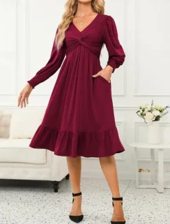 New Women's Casual Dress Midi Dress Ruffle Pocket Casual V Neck Long Sleeve Black Blue Fuchsia Color Women Cocktail Dress