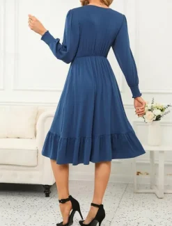 New Women's Casual Dress Midi Dress Ruffle Pocket Casual V Neck Long Sleeve Black Blue Fuchsia Color Women Cocktail Dress