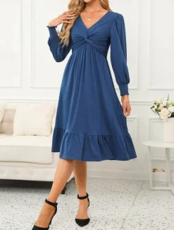 New Women's Casual Dress Midi Dress Ruffle Pocket Casual V Neck Long Sleeve Black Blue Fuchsia Color Women Cocktail Dress