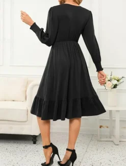 New Women's Casual Dress Midi Dress Ruffle Pocket Casual V Neck Long Sleeve Black Blue Fuchsia Color Women Cocktail Dress