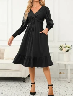 New Women's Casual Dress Midi Dress Ruffle Pocket Casual V Neck Long Sleeve Black Blue Fuchsia Color Women Cocktail Dress