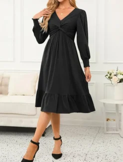 New Women's Casual Dress Midi Dress Ruffle Pocket Casual V Neck Long Sleeve Black Blue Fuchsia Color Women Cocktail Dress