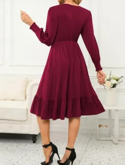 New Women's Casual Dress Midi Dress Ruffle Pocket Casual V Neck Long Sleeve Black Blue Fuchsia Color Women Cocktail Dress