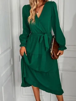 Women's Casual Dress Midi Dress Lace up Ruffle Casual V Neck Long Sleeve Black Pink Red Color Women Work Dresses