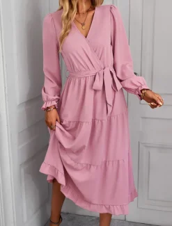 Women's Casual Dress Midi Dress Lace up Ruffle Casual V Neck Long Sleeve Black Pink Red Color Women Work Dresses