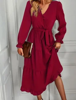 Women's Casual Dress Midi Dress Lace up Ruffle Casual V Neck Long Sleeve Black Pink Red Color Women Work Dresses