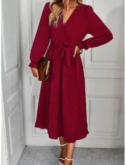 Women's Casual Dress Midi Dress Lace up Ruffle Casual V Neck Long Sleeve Black Pink Red Color Women Work Dresses