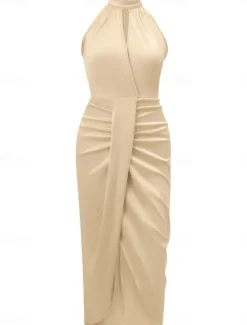 Hot Women's Casual Dress Midi Dress Ruched Wedding Party Elegant Streetwear Halter Neck Sleeveless Champagne Wine Green Color Women Cocktail Dress