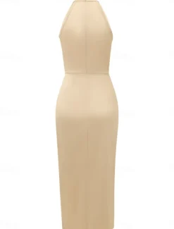 Hot Women's Casual Dress Midi Dress Ruched Wedding Party Elegant Streetwear Halter Neck Sleeveless Champagne Wine Green Color Women Cocktail Dress