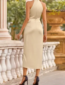 Hot Women's Casual Dress Midi Dress Ruched Wedding Party Elegant Streetwear Halter Neck Sleeveless Champagne Wine Green Color Women Cocktail Dress