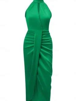 Hot Women's Casual Dress Midi Dress Ruched Wedding Party Elegant Streetwear Halter Neck Sleeveless Champagne Wine Green Color Women Cocktail Dress