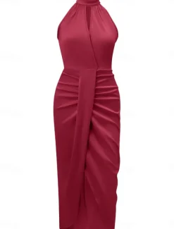 Hot Women's Casual Dress Midi Dress Ruched Wedding Party Elegant Streetwear Halter Neck Sleeveless Champagne Wine Green Color Women Cocktail Dress