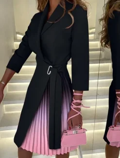 Women's Casual Dress Mini Dress Patchwork Elegant Casual Lapel Long Sleeve Color Women Work Dresses