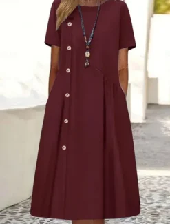 Outlet Women's Casual Dress Mini Dress Buttons Pocket Casual Crew Neck Long Sleeve Wine Blue Green Color Women Casual Dress