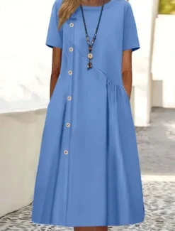Outlet Women's Casual Dress Mini Dress Buttons Pocket Casual Crew Neck Long Sleeve Wine Blue Green Color Women Casual Dress