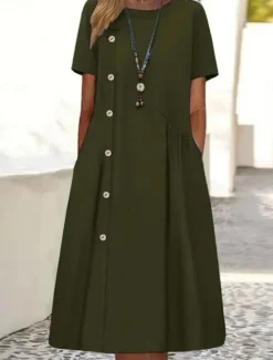 Outlet Women's Casual Dress Mini Dress Buttons Pocket Casual Crew Neck Long Sleeve Wine Blue Green Color Women Casual Dress