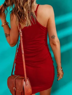 Outlet Women's Casual Dress Mini Dress Shirred Date Vacation Streetwear Basic Spaghetti Strap Sleeveless Black Wine Khaki Color Women Sundresses