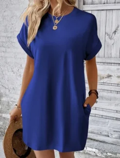 Discount Women's Casual Dress Mini Dress Pocket Casual Crew Neck Short Sleeve White Blue Khaki Color Women Work Dresses