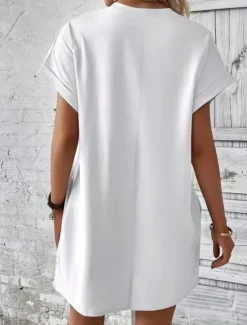 Discount Women's Casual Dress Mini Dress Pocket Casual Crew Neck Short Sleeve White Blue Khaki Color Women Work Dresses