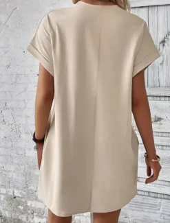 Discount Women's Casual Dress Mini Dress Pocket Casual Crew Neck Short Sleeve White Blue Khaki Color Women Work Dresses