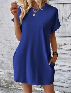 Discount Women's Casual Dress Mini Dress Pocket Casual Crew Neck Short Sleeve White Blue Khaki Color Women Work Dresses