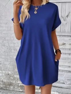 Discount Women's Casual Dress Mini Dress Pocket Casual Crew Neck Short Sleeve White Blue Khaki Color Women Work Dresses