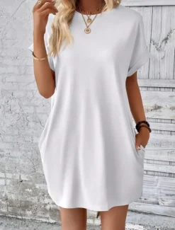 Discount Women's Casual Dress Mini Dress Pocket Casual Crew Neck Short Sleeve White Blue Khaki Color Women Work Dresses
