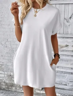 Discount Women's Casual Dress Mini Dress Pocket Casual Crew Neck Short Sleeve White Blue Khaki Color Women Work Dresses