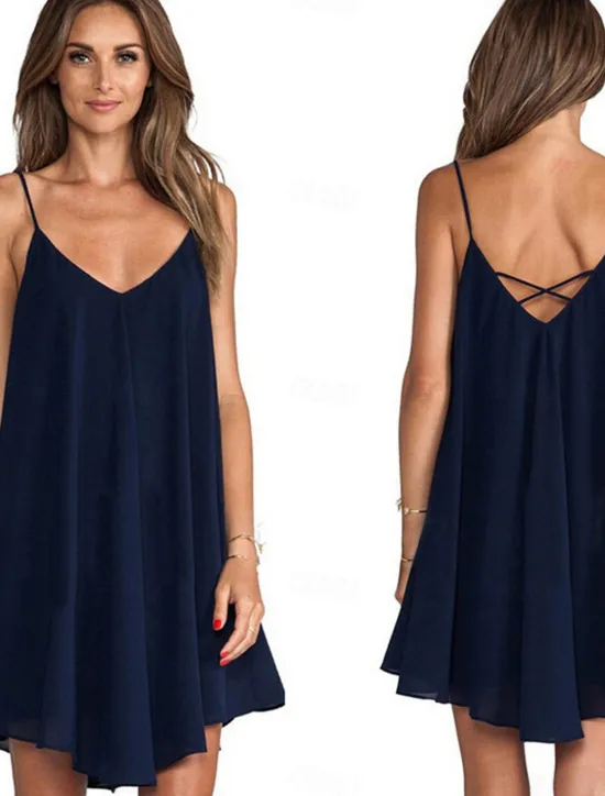 Hot Women's Casual Dress Mini Dress Chiffon Backless Date Vacation Streetwear Basic Spaghetti Strap Sleeveless Black Wine Navy Blue Color Women Sundresses