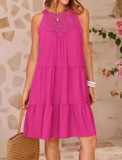 Hot Women's Casual Dress Mini Dress Lace Ruffle Date Streetwear V Neck Sleeveless Black White Red Color Women Sundresses
