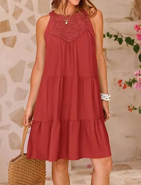 Hot Women's Casual Dress Mini Dress Lace Ruffle Date Streetwear V Neck Sleeveless Black White Red Color Women Sundresses