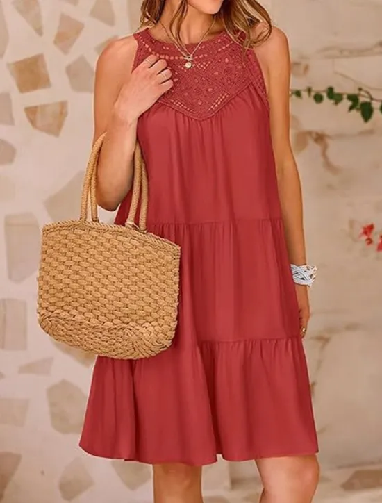 Hot Women's Casual Dress Mini Dress Lace Ruffle Date Streetwear V Neck Sleeveless Black White Red Color Women Sundresses