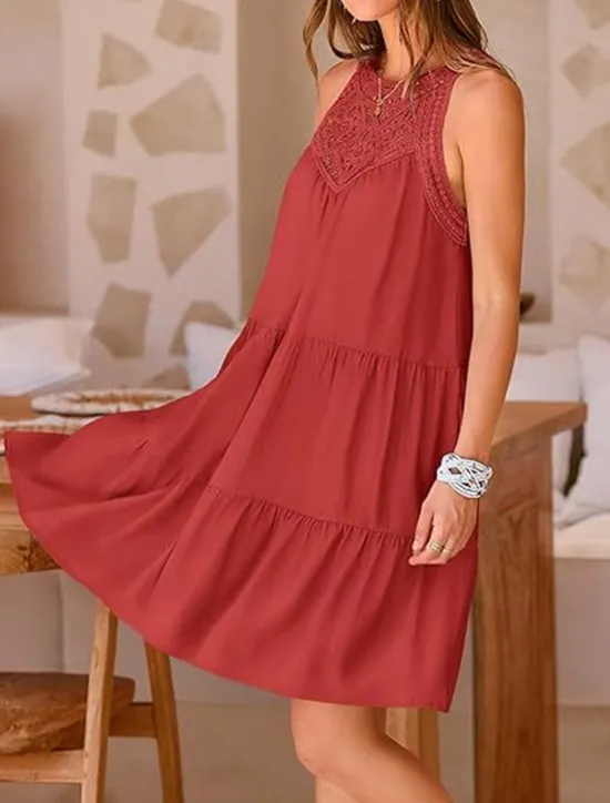 Hot Women's Casual Dress Mini Dress Lace Ruffle Date Streetwear V Neck Sleeveless Black White Red Color Women Sundresses