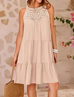 Hot Women's Casual Dress Mini Dress Lace Ruffle Date Streetwear V Neck Sleeveless Black White Red Color Women Sundresses